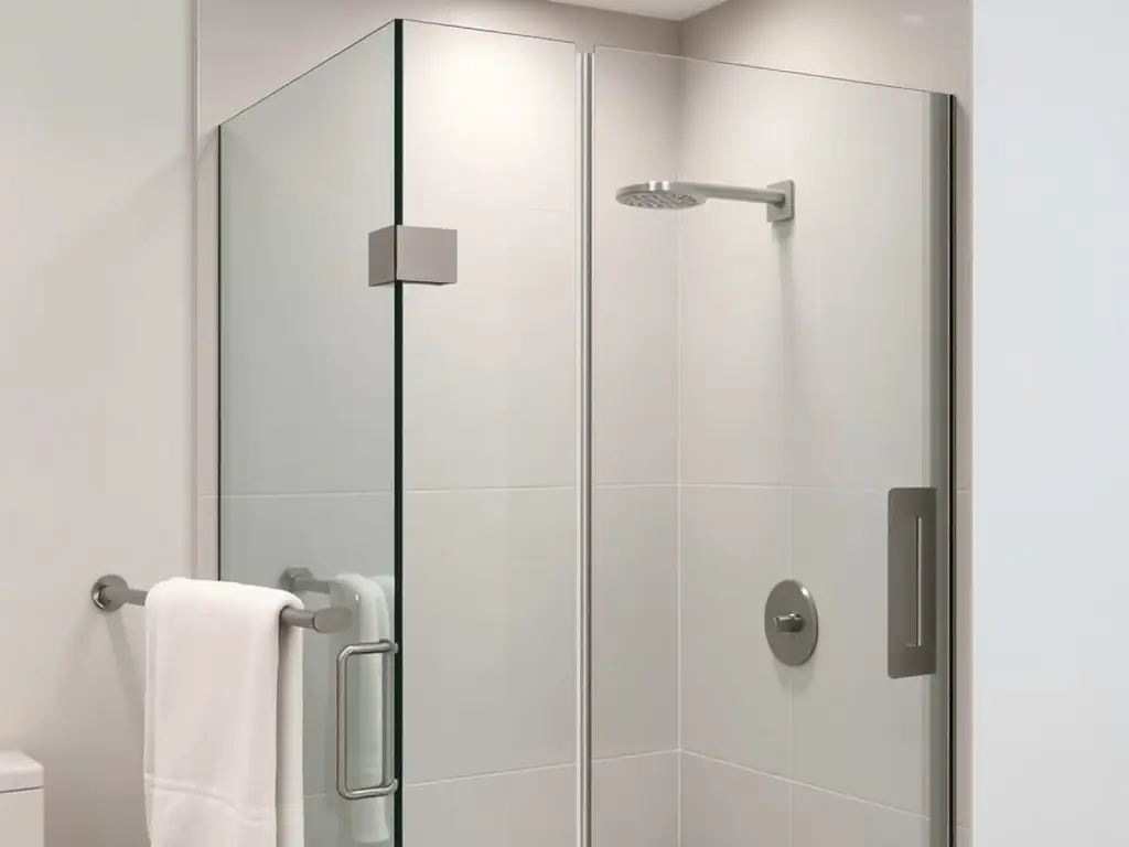 A sleek, frameless shower screen installed in a modern bathroom, highlighting Souta Space's attention to detail and commitment to quality in shower screen fitting services.