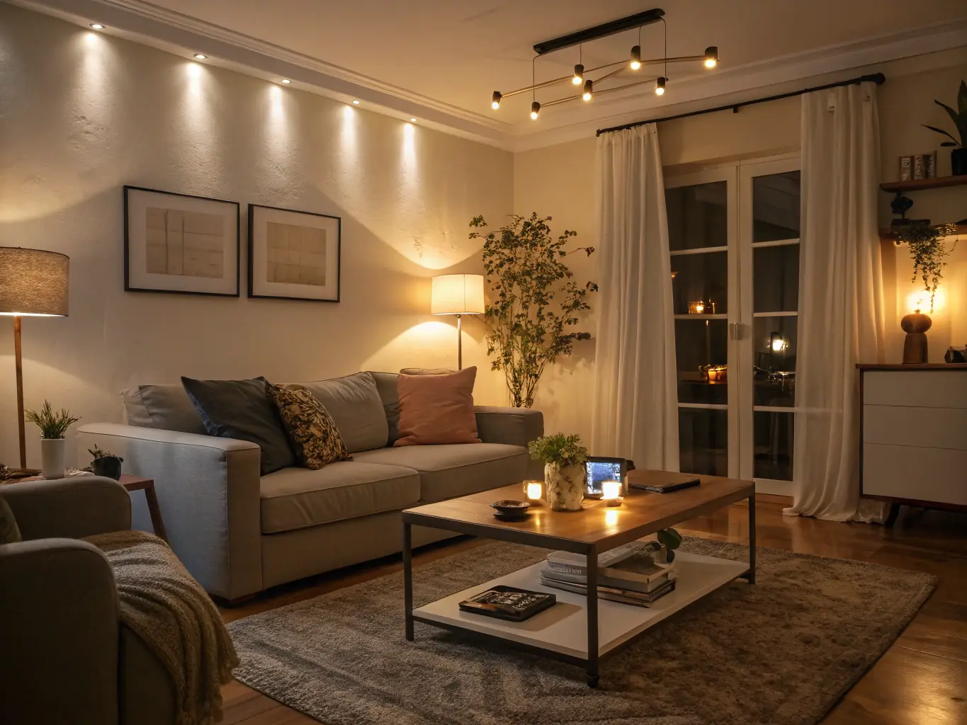 A well-lit interior space with strategically placed ceiling lights and accent lighting, demonstrating Souta Space's ability to create the desired ambiance and enhance the functionality of any room.