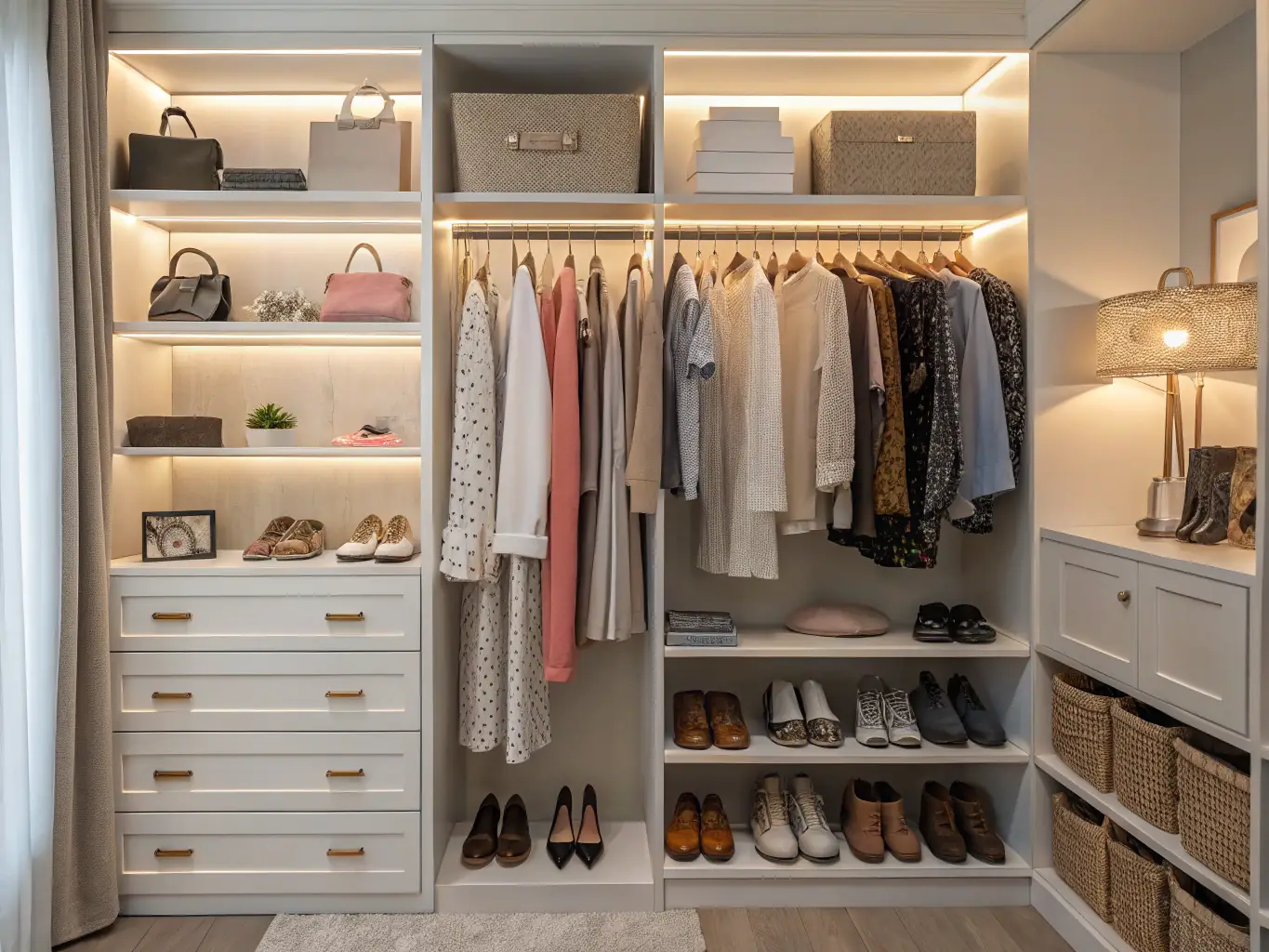 A modern, well-organized walk-in closet with custom shelving, drawers, and hanging rods, showcasing Souta Space's expertise in maximizing storage space and creating functional closet designs.